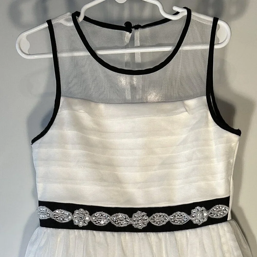 Sequin Hearts SZ8 White Sheer Mesh Overlay Dress w/Navy Wedding Dressy Formal